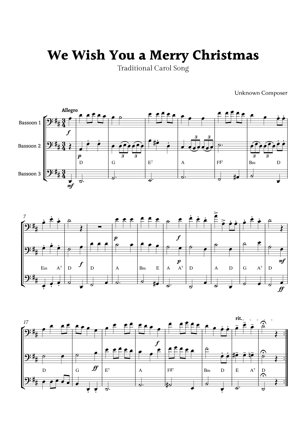 We Wish you a Merry Christmas for Bassoon Trio with Chords (arr. Rika K.)