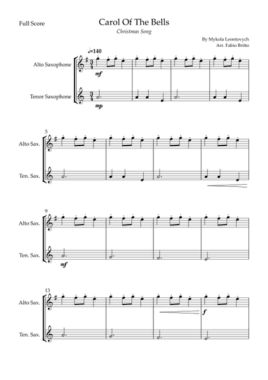 Carol Of The Bells (Christmas Song) for Alto Saxophone & Tenor Saxophone Duo (arr. Fabio Britto)