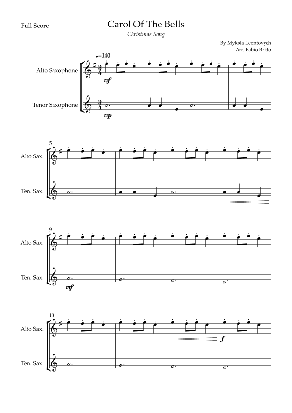 Carol Of The Bells (Christmas Song) for Alto Saxophone & Tenor Saxophone Duo (arr. Fabio Britto)
