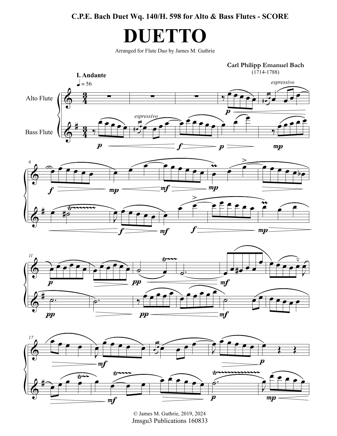 CPE Bach: Duetto Wq. 140 for Alto & Bass Flutes (arr. James M. Guthrie)