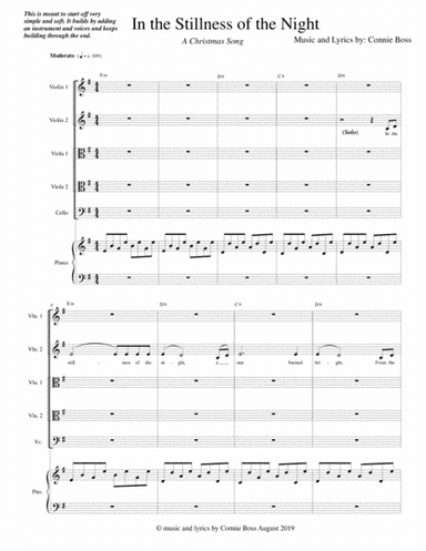 In the Stillness of the Night Christmas Song 5 part Strings - 2 violins, 2 violas and 1 cello and pi