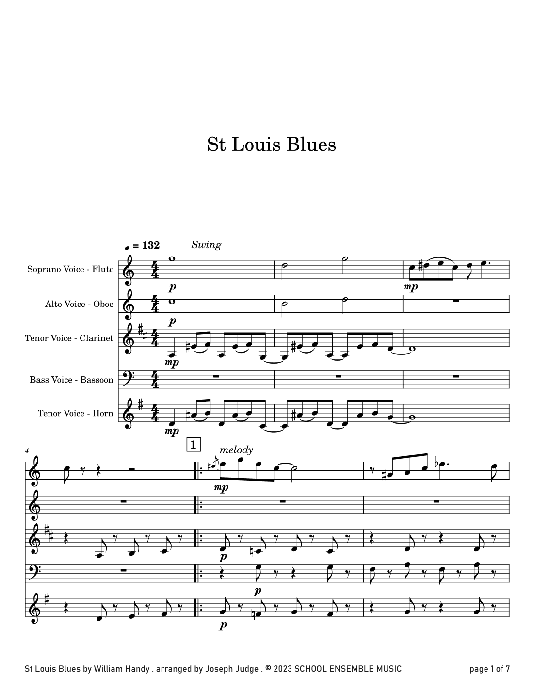 St Louis Blues by Handy for Woodwind Quartet in Schools (arr. Joseph Judge)