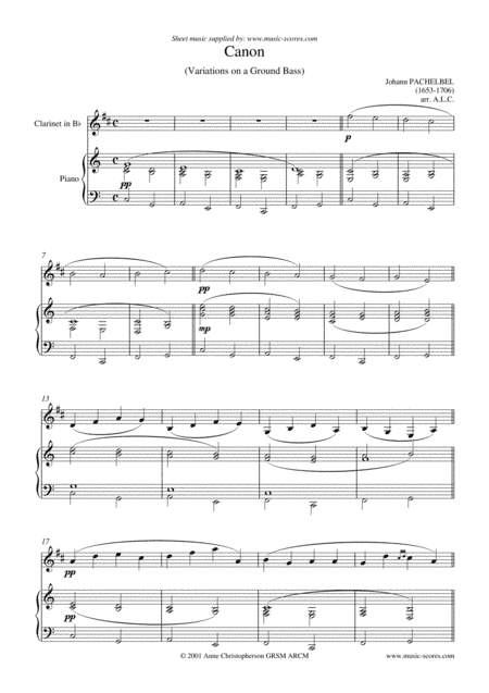 Pachelbel's Canon - Clarinet - C major (concert) (arr. Anne L Christopherson GRSM ARCM)