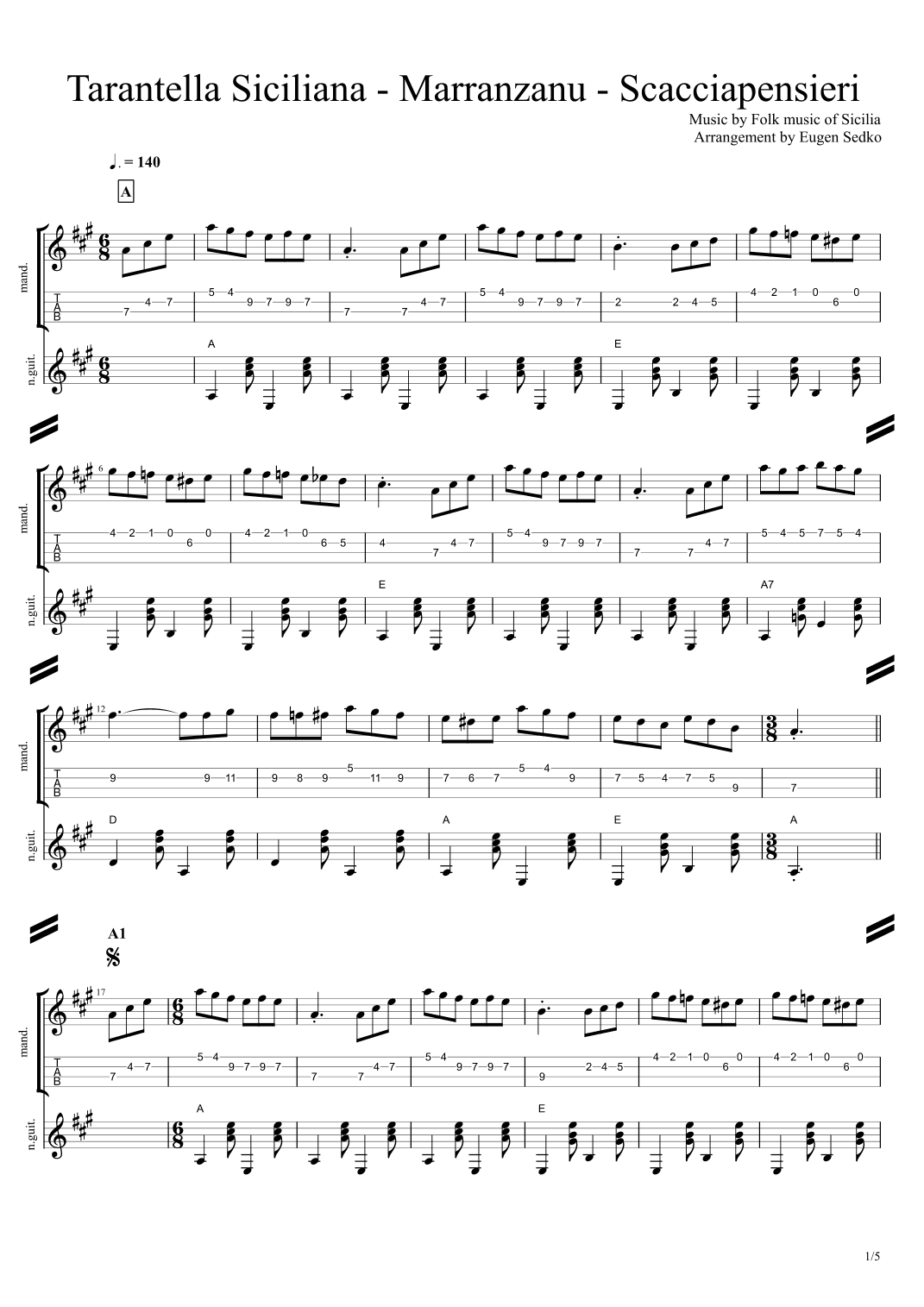 Tarantella Siciliana Marranzanu Scacciapensieri, score & tab for mandolin & guitar (arr. Eugen Sedko)