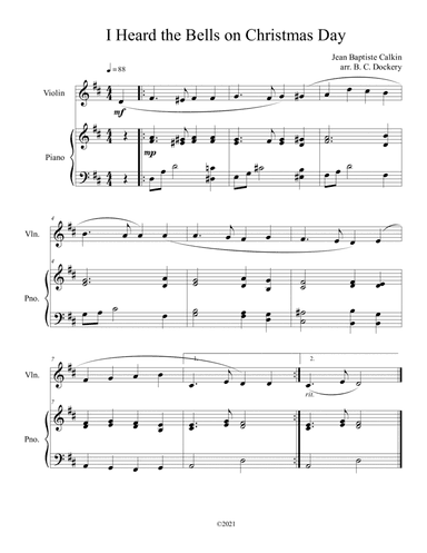 I Heard the Bells on Christmas Day (Violin Solo) with optional piano accompaniment (arr. B. C. Dockery)