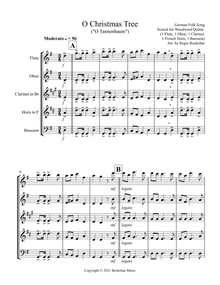 O Christmas Tree (G) (Woodwind Quintet - 1 Flute, 1 Oboe, 1 Clar, 1 Hrn, 1 Bassoon) (arr. Regis Bookshar)