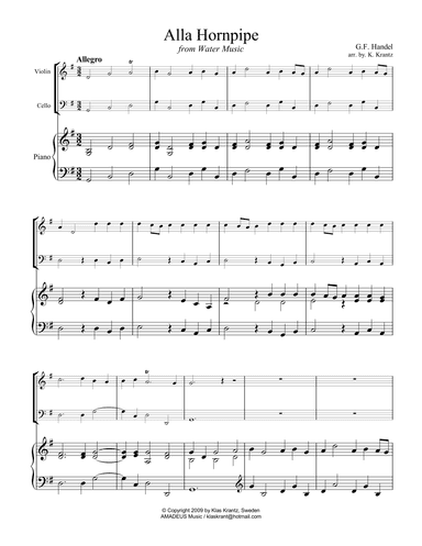 Alla Hornpipe from Water Music for easy piano trio (arr. K. Krantz)