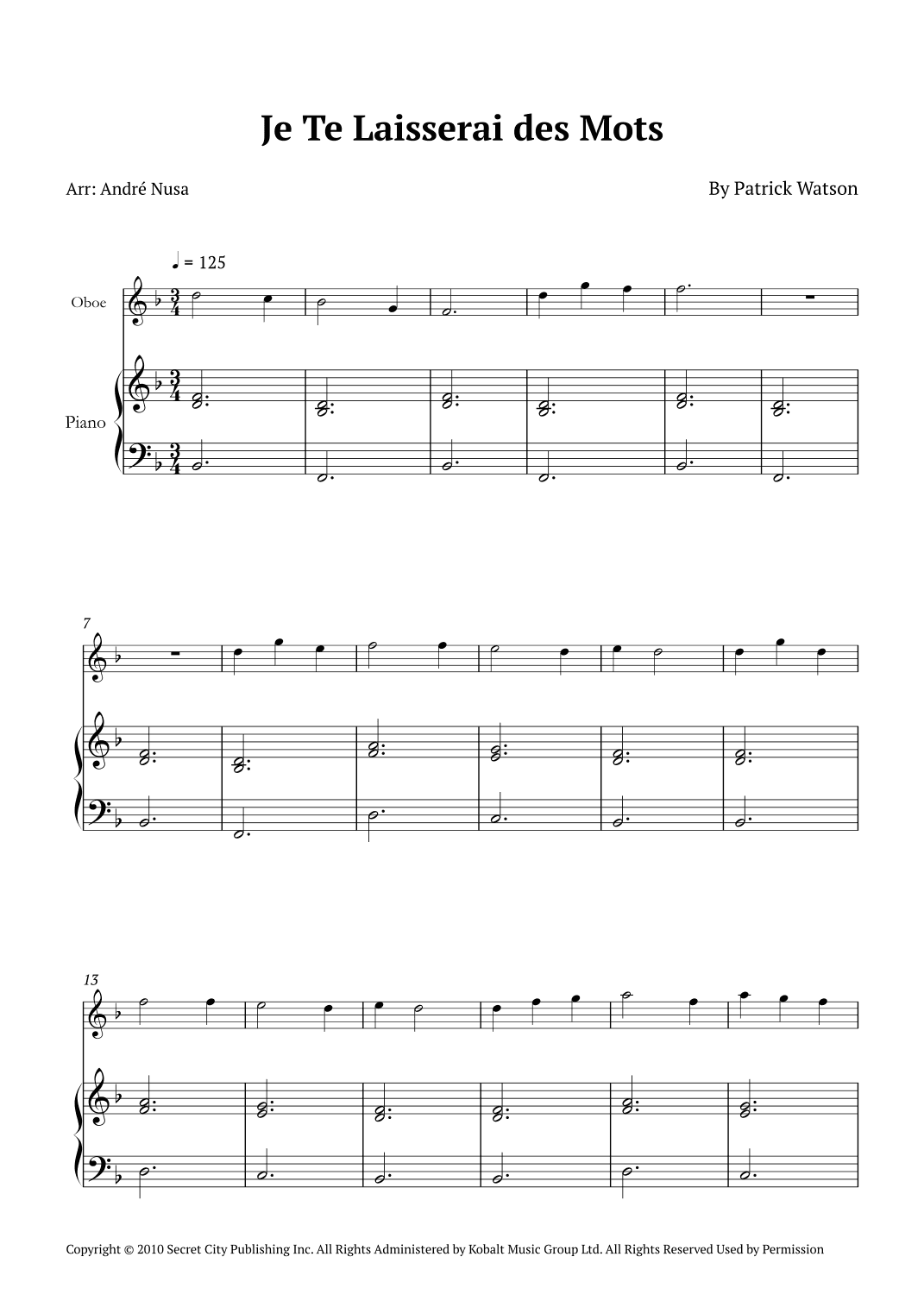 Je Te Laisserai Des Mots (arr. André Nusa)