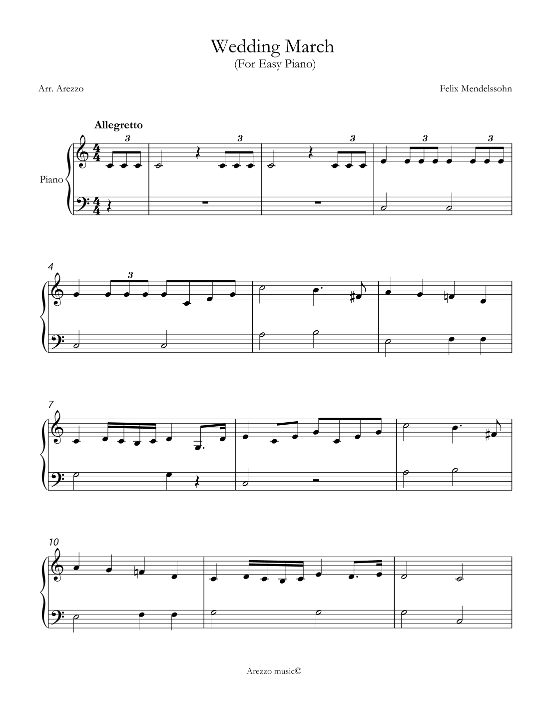 wedding march mendelsohn easy piano sheet music (arr. Arezzo Music)