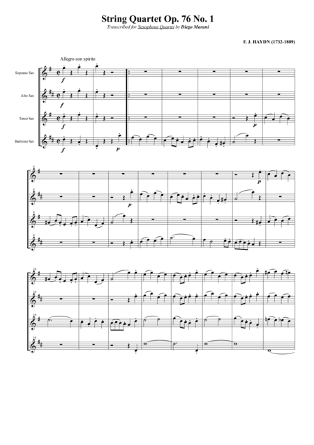String Quartet Op. 76 No. 1 for Saxophone Quartet (SATB) (arr. Diego Marani)