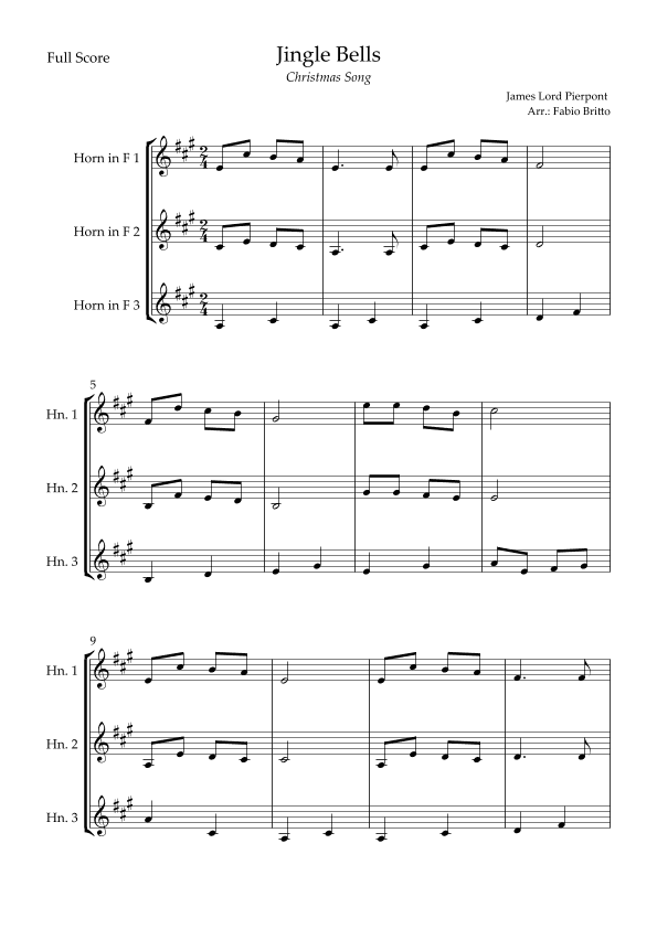 Jingle Bells (Christmas Song) for Horn in F Trio (arr. Fabio Britto)