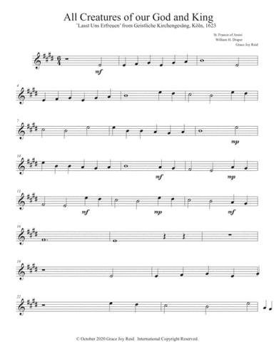 Trumpet 1 in Bb part for All Creatures of Our God and King for Brass Quintet and Piano (arr. Creating Music Joy)