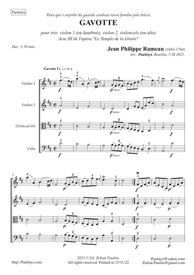 Rameau's Gavotte for TRIO: solo violin with a second violin & viola/cello. Parts & score.Ed.Paulinyi (arr. Zoltan Paulinyi)