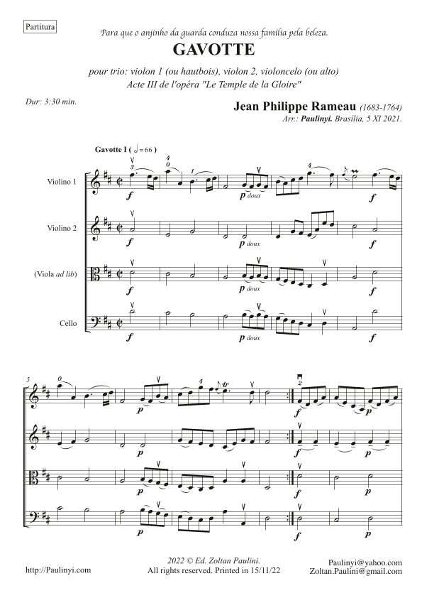 Rameau's Gavotte for TRIO: solo violin with a second violin & viola/cello. Parts & score.Ed.Paulinyi (arr. Zoltan Paulinyi)