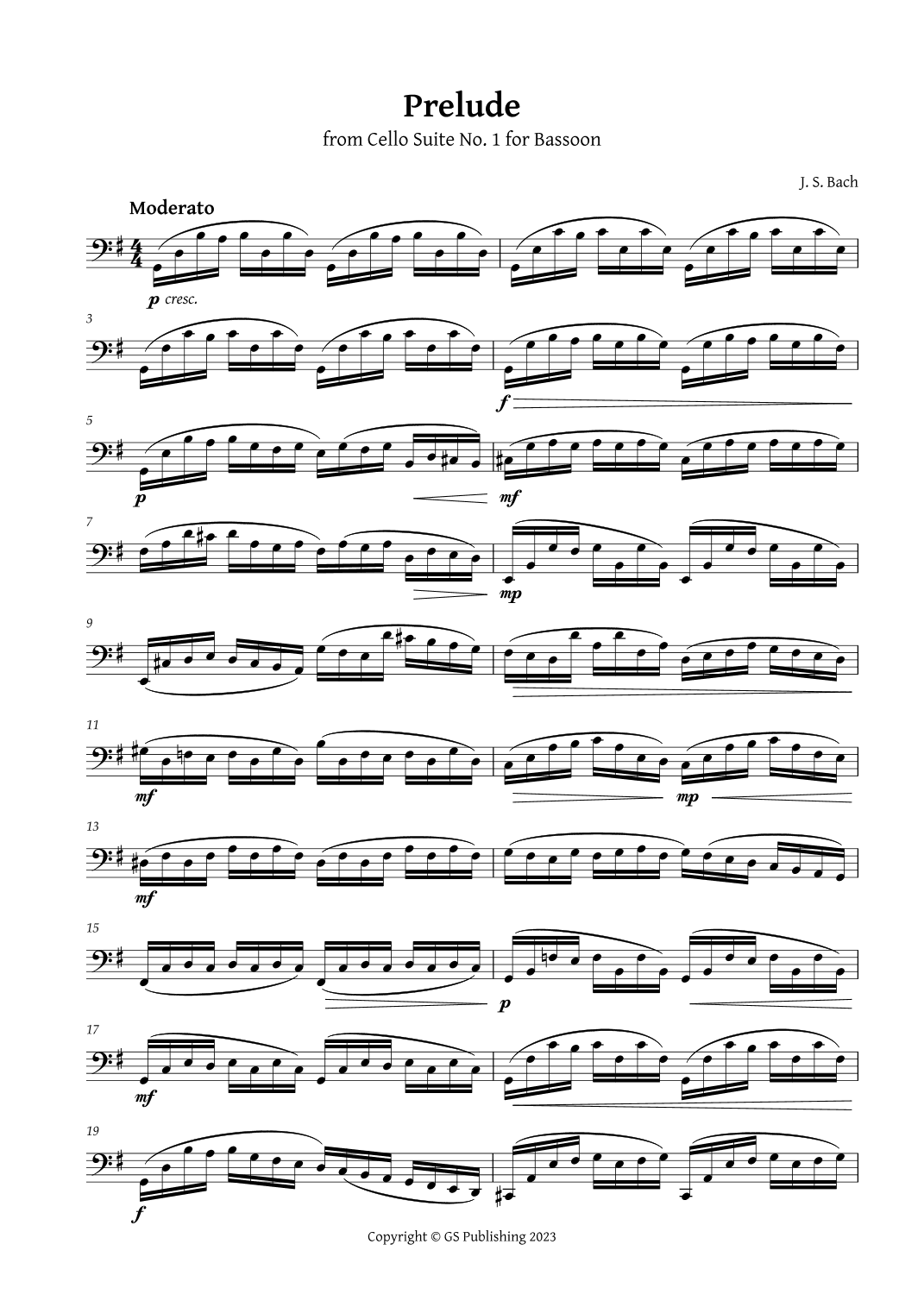 Prelude from Cello Suite 1 for Bassoon (arr. GS Publishing)