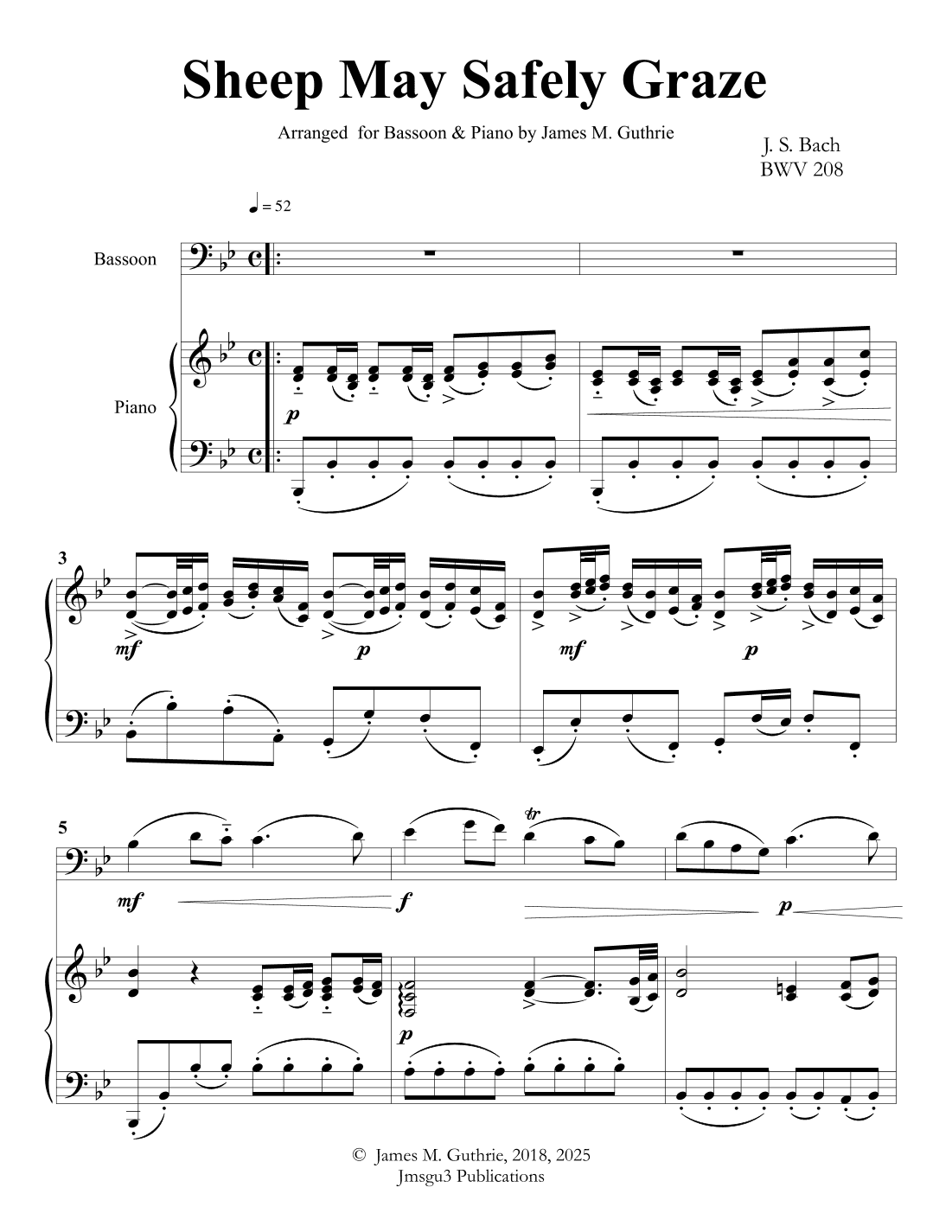 Bach: Sheep May Safely Graze for Bassoon & Piano (arr. James M. Guthrie, ASCAP)