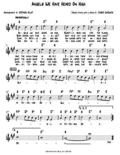 Angels We Have Heard On High - Lead sheet (melody, lyrics & chords) in key of A (arr. Stephen Bulat)