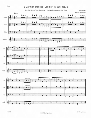 Mozart: 6 German Dances K 606 No. 2 arr. for String Trio; Optional - 2nd Violin replaces the Viola (arr. D Oppenheim)