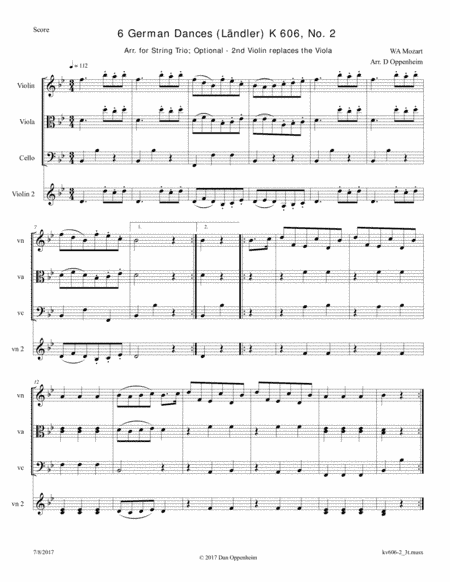 Mozart: 6 German Dances K 606 No. 2 arr. for String Trio; Optional - 2nd Violin replaces the Viola (arr. D Oppenheim)