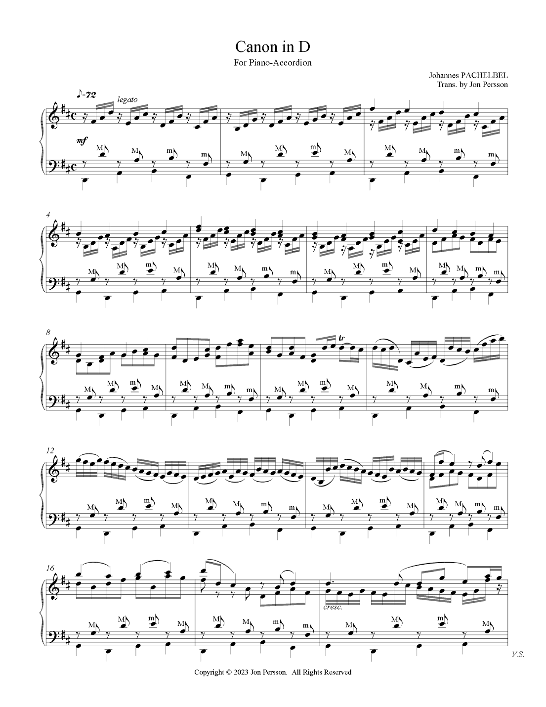 "Pachelbel Canon in D" for Piano-Accordion (arr. Jon Persson)