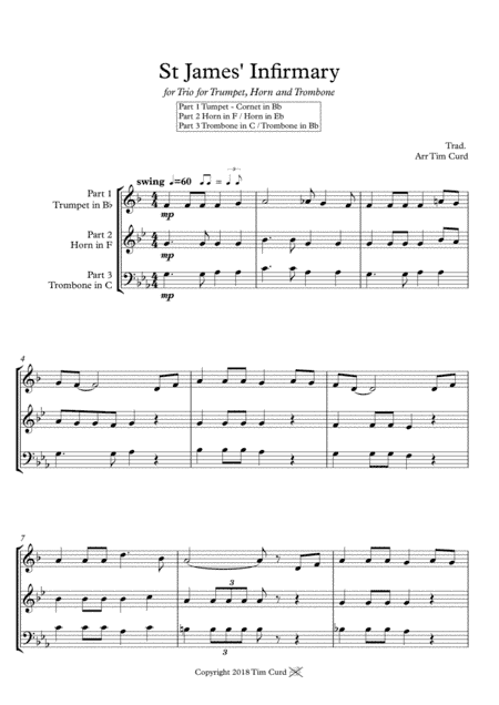 St James' Infirmary. Trio for Trumpet, Horn in F/Eb and Trombone in C/Bb (arr. Tim Curd.)