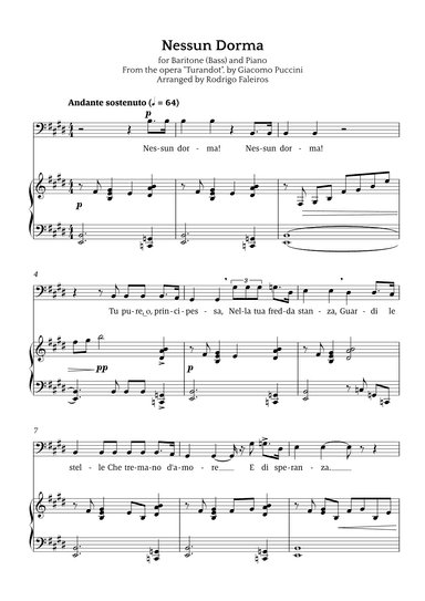 Nessun Dorma (for baritone or bass and piano) (arr. Rodrigo Faleiros)