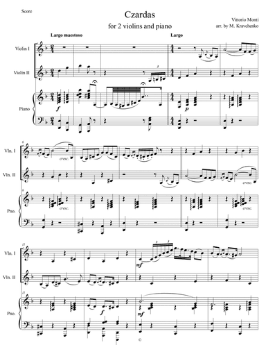 Vittorio Monti - Czardas arr. for 2 violins and piano (score and parts) (arr. Maksym Kravchenko)