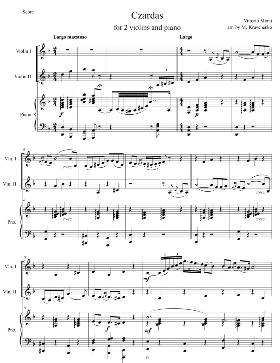 Vittorio Monti - Czardas arr. for 2 violins and piano (score and parts) (arr. Maksym Kravchenko)