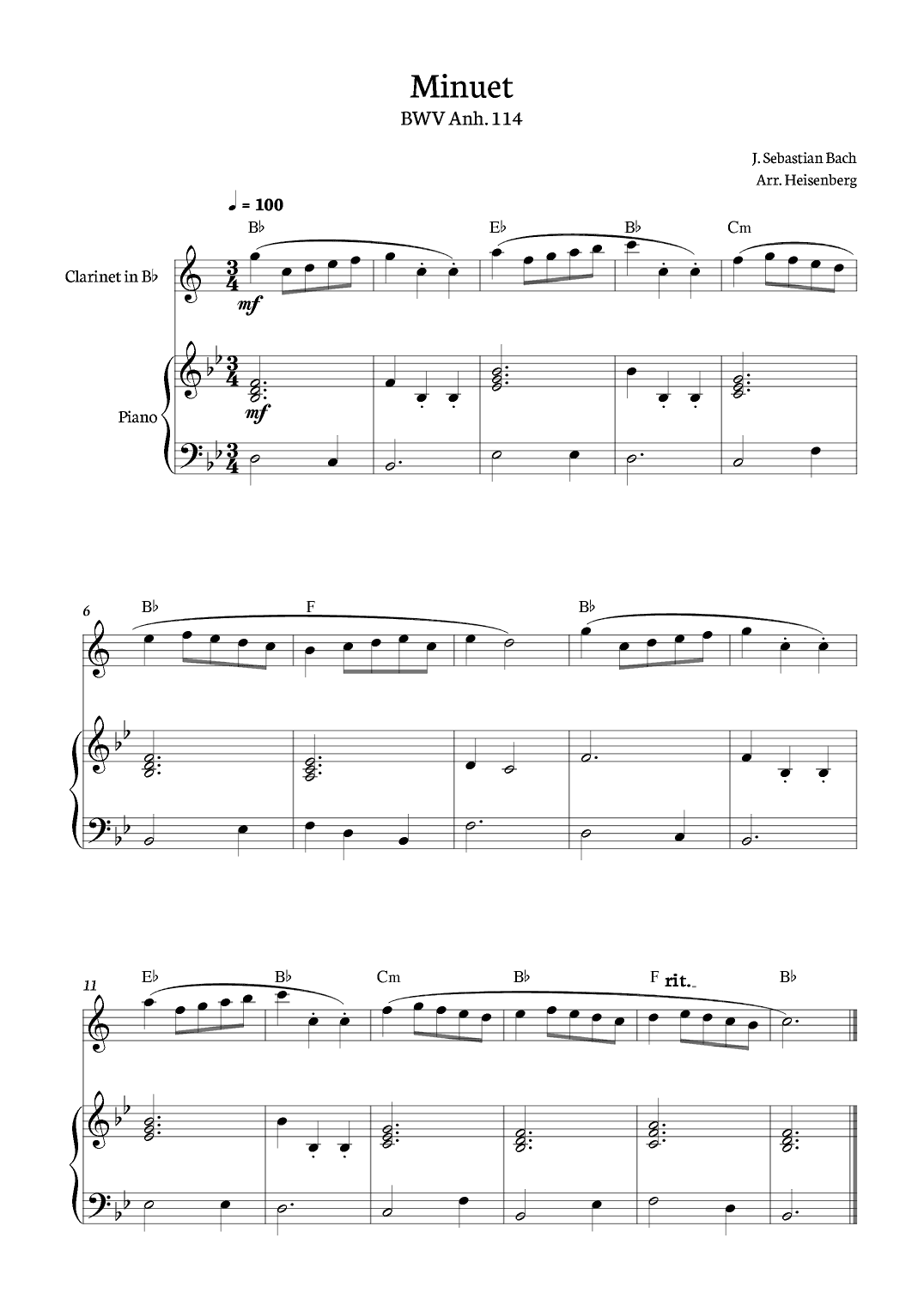 Minuet - Bach for Clarinete solo (arr. Heisenberg)