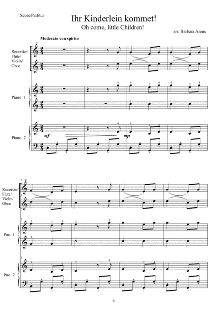 Ihr Kinderlein Kommet - Oh Come, Little Children German Christmas carol for piano duet & melody inst (arr. Barbara Arens)