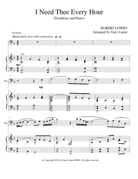 I NEED THEE EVERY HOUR (Trombone Solo with Piano and Trombone Part) (arr. Gary Lanier)