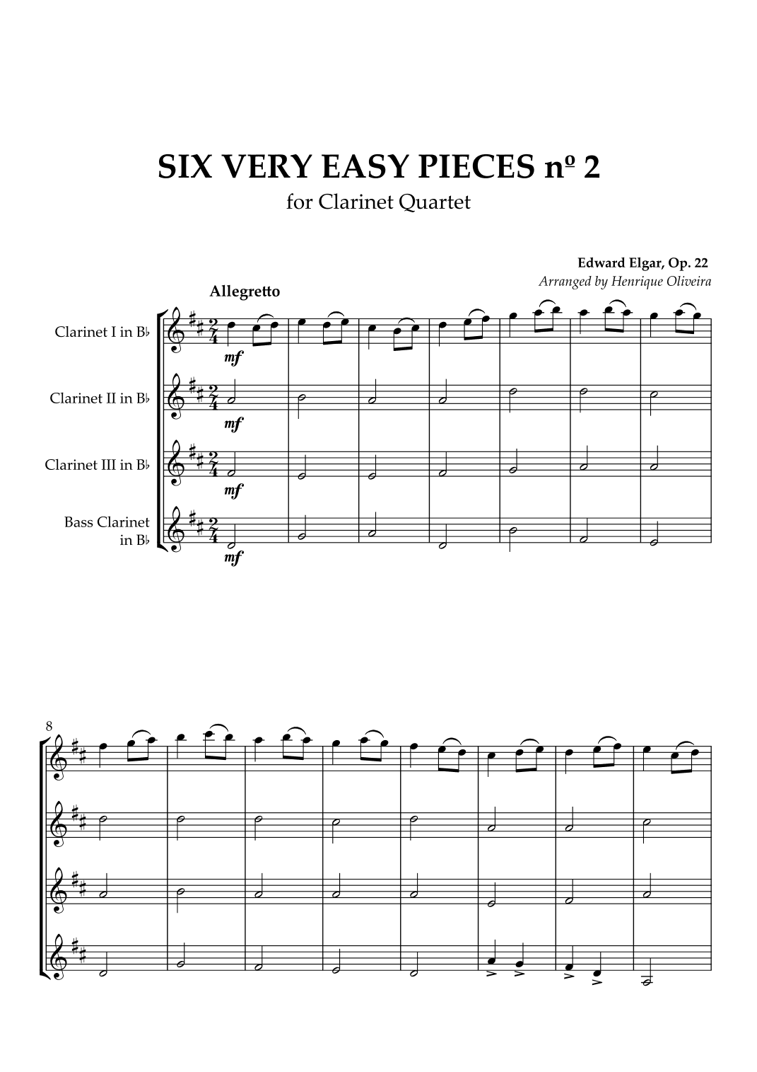 Six Very Easy Pieces nº 2 (Allegretto) - Clarinet Quartet (arr. Henrique Oliveira)