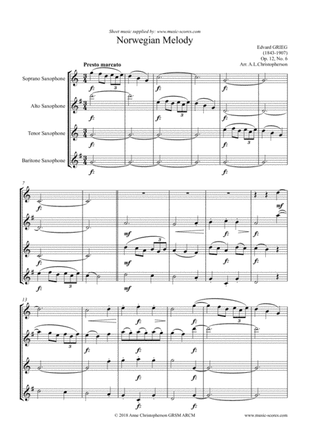 Norwegian Melody, Op.12, No.6 - Sax Quartet (arr. Anne Christopherson GRSM ARCM)