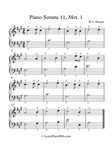 Piano Sonata No.11 A major, W.A. Mozart - Easy Piano (arr. LearnPianoWeb.com)