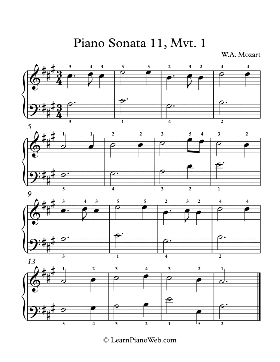 Piano Sonata No.11 A major, W.A. Mozart - Easy Piano (arr. LearnPianoWeb.com)