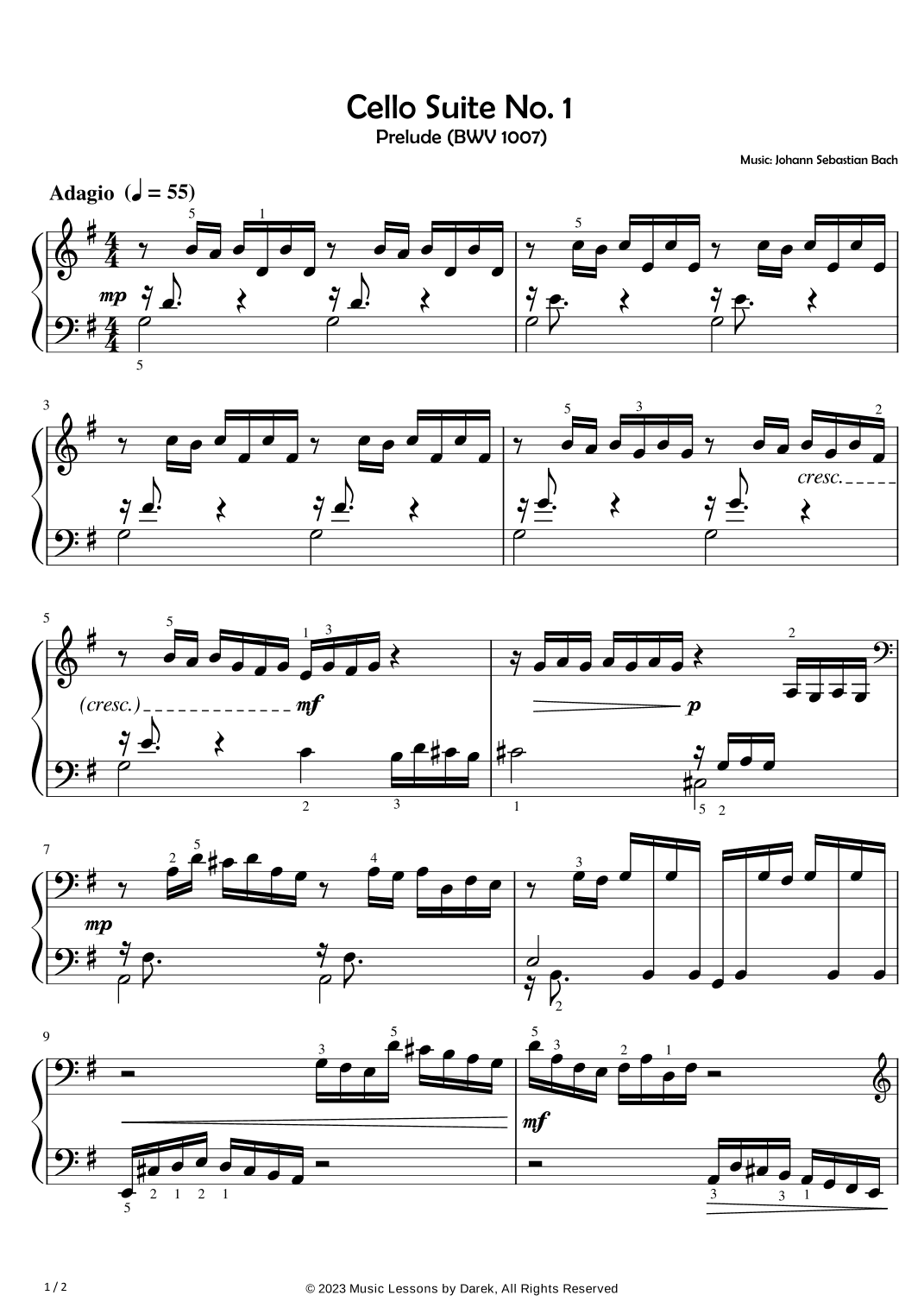 Cello Suite No. 1 (EASY PIANO) Prelude (BWV 1007) [Johann Sebastian Bach] (arr. Darek)