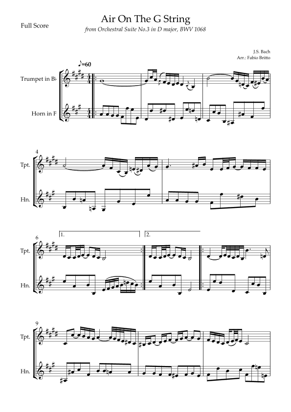 Air On The G String (J.S. Bach) for Trumpet in Bb & Horn in F Duo (arr. Fabio Britto)