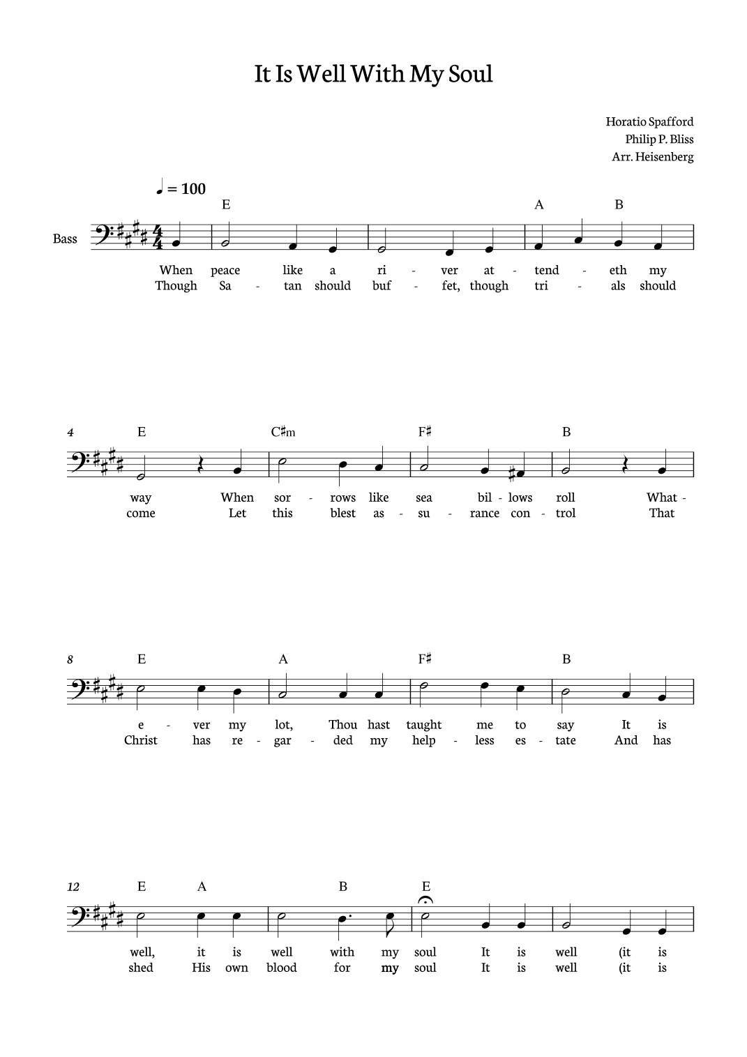 It Is Well With My Soul - Bass in E with lyrics and chords (arr. Heisenberg)