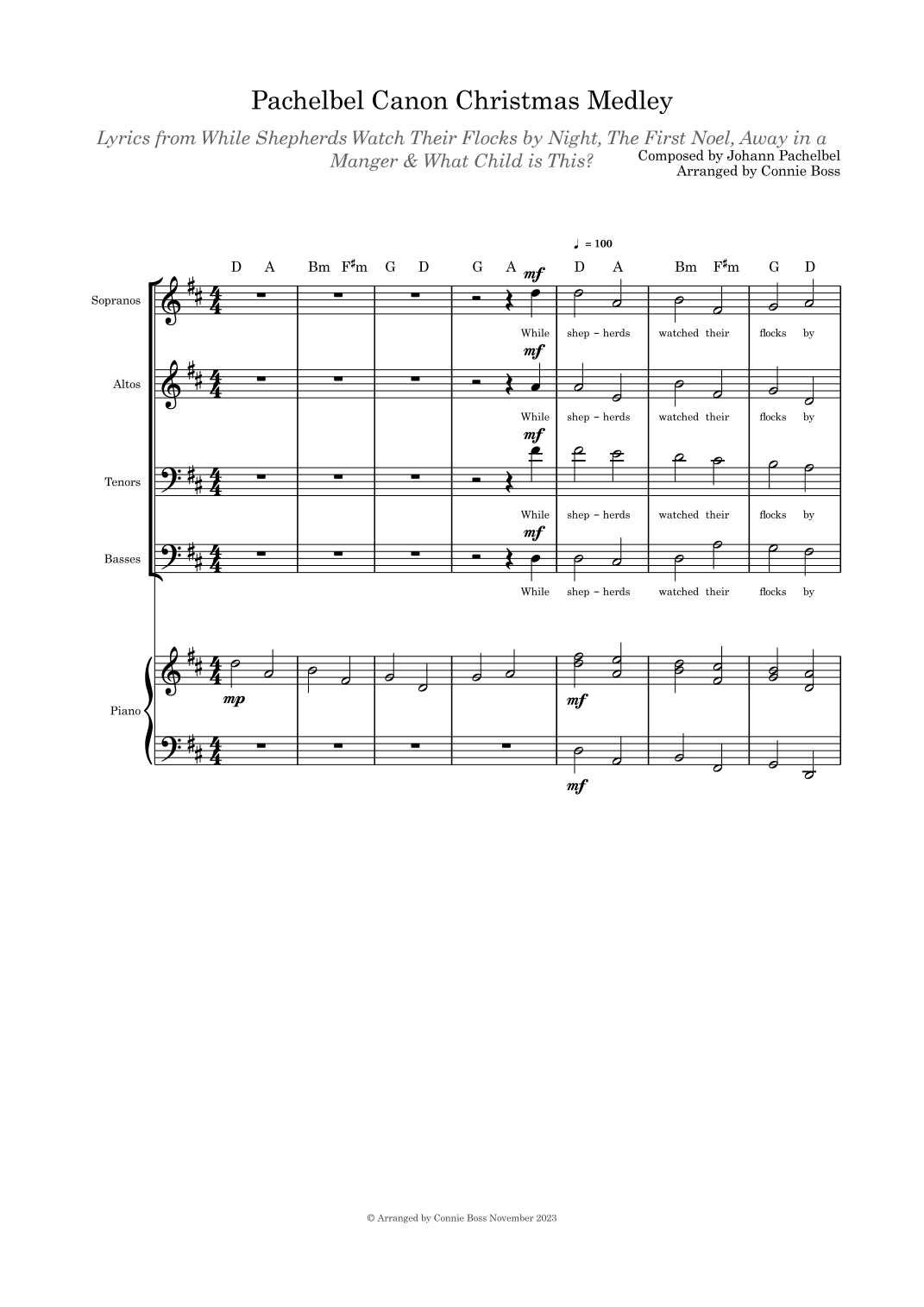 Pachelbel Canon Christmas Medley SATB Choir and piano (arr. Connie Boss)