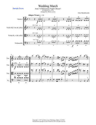 WEDDING MARCH Mendelssohn, String Trio, Intermediate Level for two violins and cello, or violin, vio (arr. Sherry Lewis)