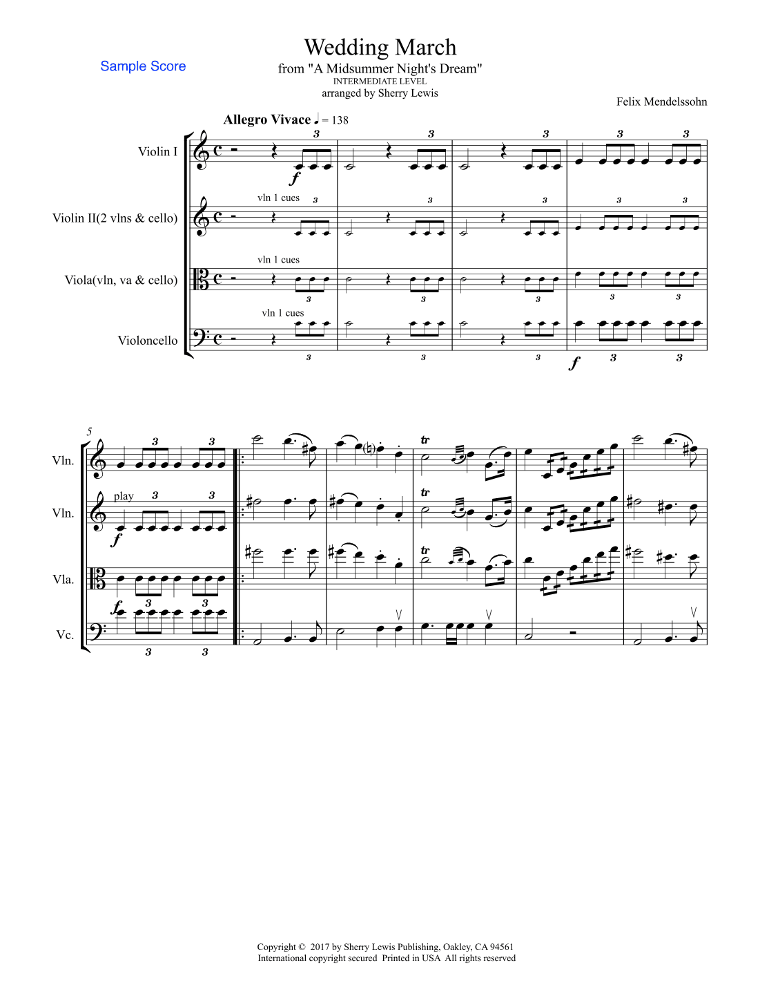 WEDDING MARCH Mendelssohn, String Trio, Intermediate Level for two violins and cello, or violin, vio (arr. Sherry Lewis)