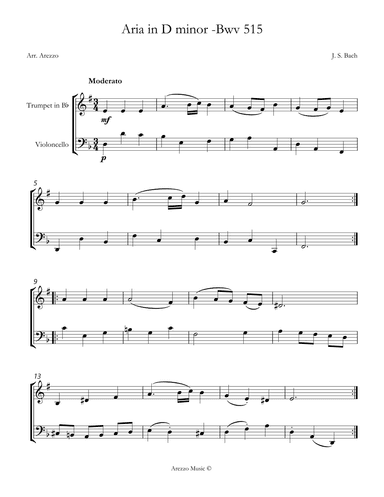 aria bwv 515 for trumpet and cello sheet music (arr. Arezzo Music)