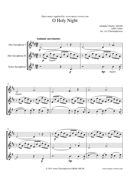 Cantique de Noel; O Holy Night - 2 Alto Saxes and Tenor Sax (arr. Anne L Christopherson GRSM ARCM)