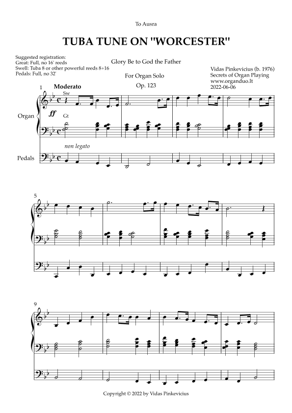 Tuba Tune on "Worcester", Op. 123 (Organ Solo) by Vidas Pinkevicius