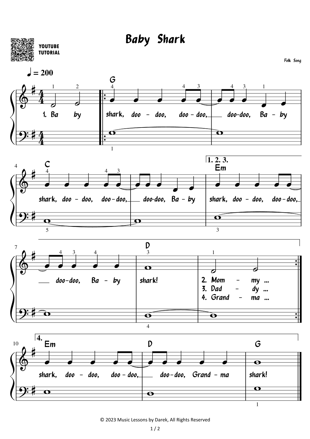 Baby shark (EASY PIANO) Children's Song [Folk Song] (arr. Darek)