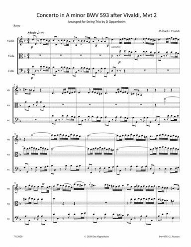 Bach: Concerto in A minor BWV 593 after Vivaldi, Mvt 2 arr. for String Trio (arr. D Oppenheim)