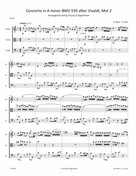 Bach: Concerto in A minor BWV 593 after Vivaldi, Mvt 2 arr. for String Trio (arr. D Oppenheim)