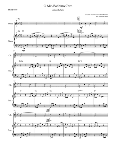 O Mio Babbino Caro (Puccini) for Oboe Solo & Piano Accompaniment with Chords (arr. Fernando Britto)