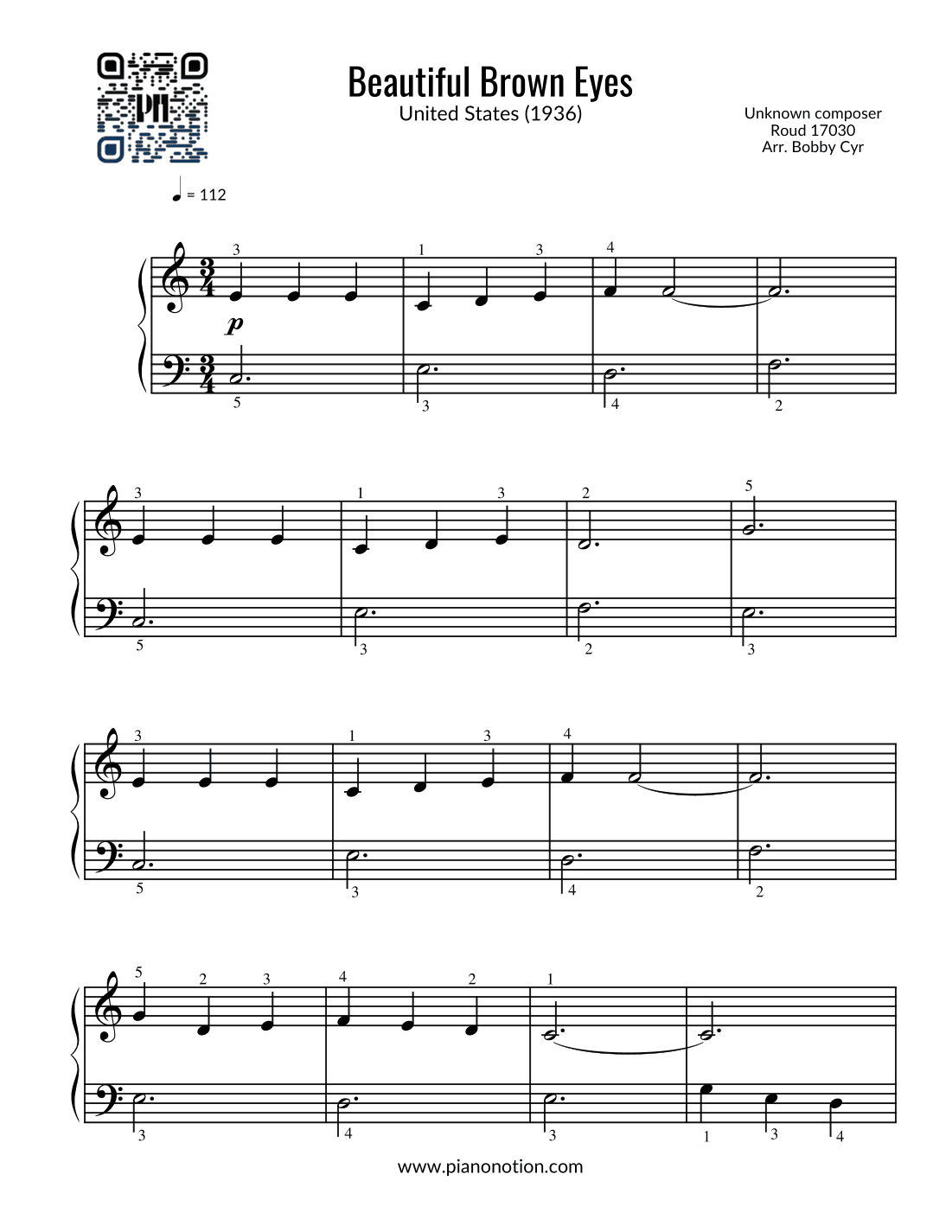 Beautiful Brown Eyes (Easy Piano) (arr. Bobby Cyr - Piano Notion)