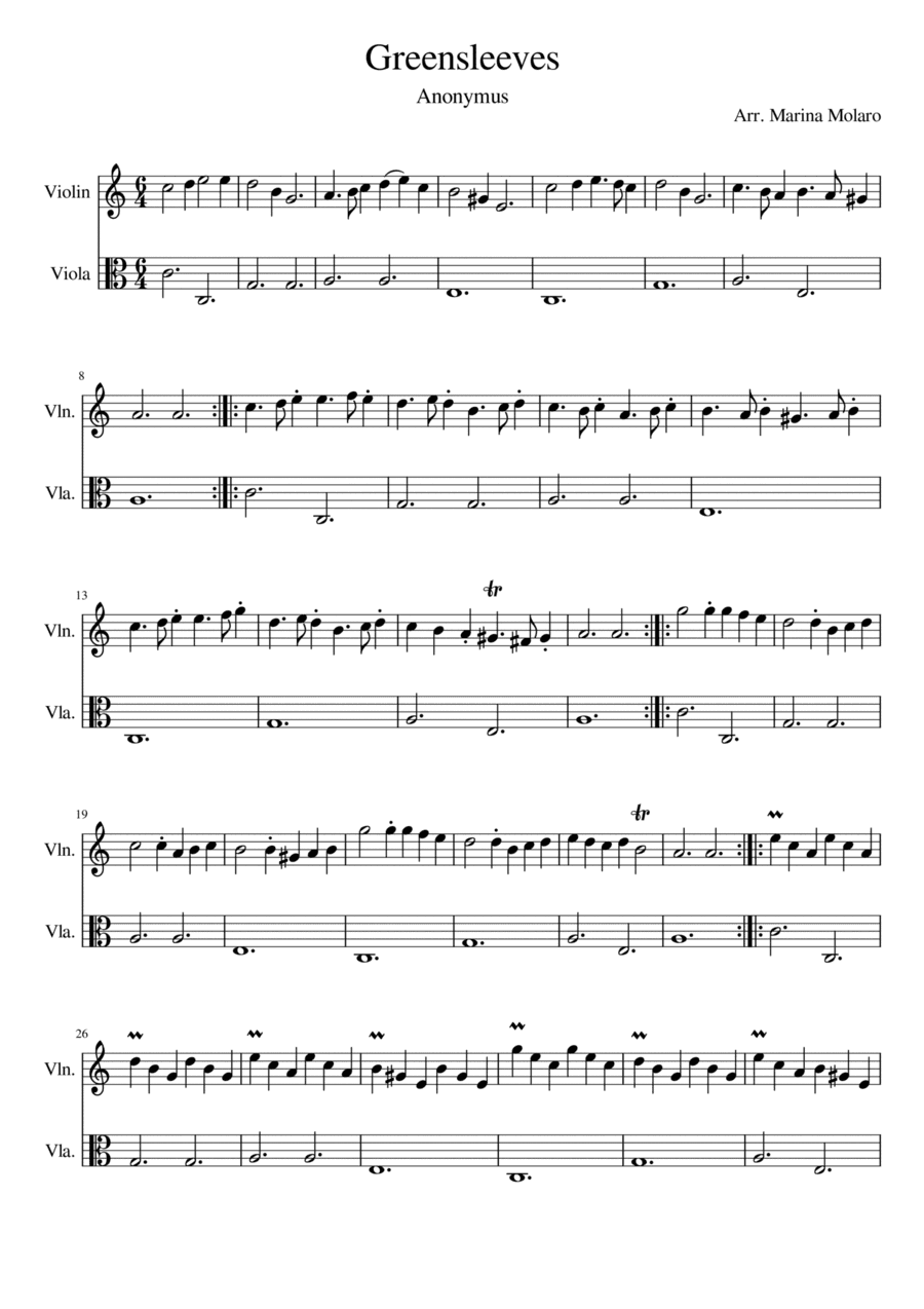 Greensleeves to a Ground for Duo Violin&Viola (arr. Marina Molaro)